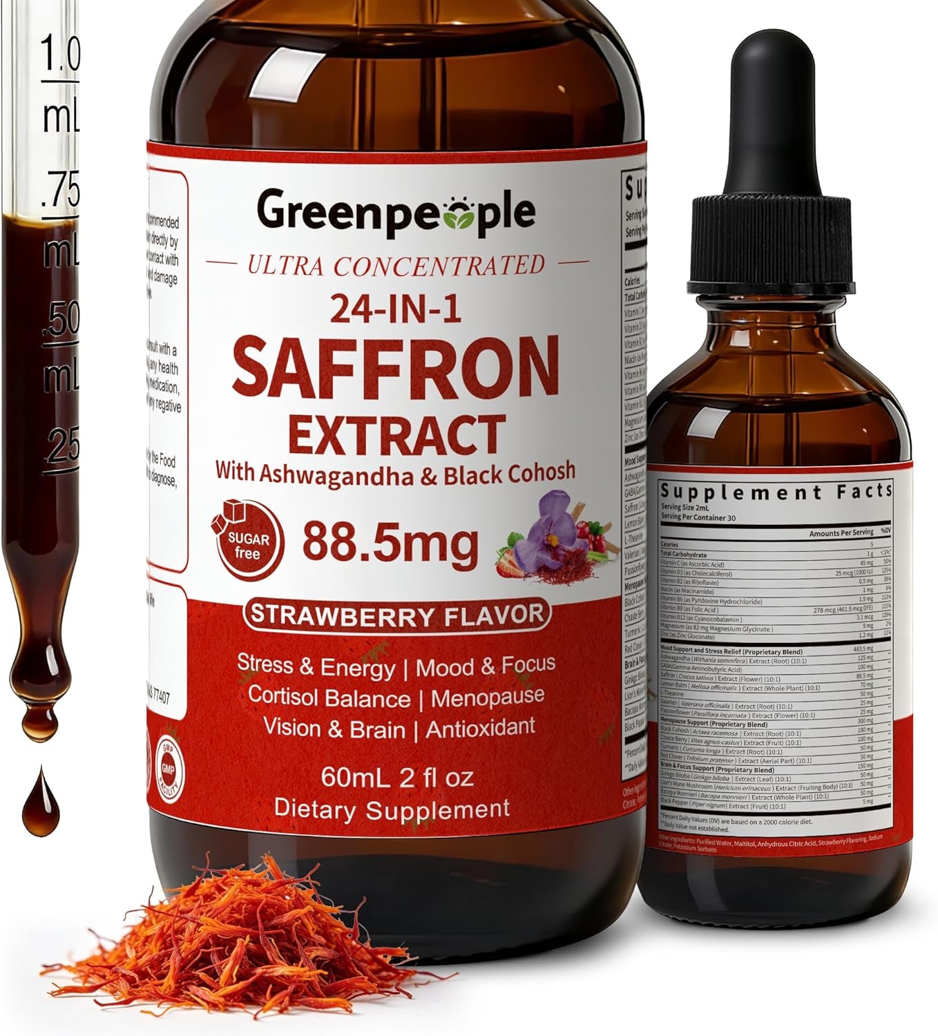 Saffron Extract Supplements Drop - 24-In-1 88.5Mg Saffron Extract with Ashwagandha,Black Cohosh & Lion'S Mane for Mood&Focus,Stress Relief,Cortisol Reducer,Menopause – Vegan 2FL OZ