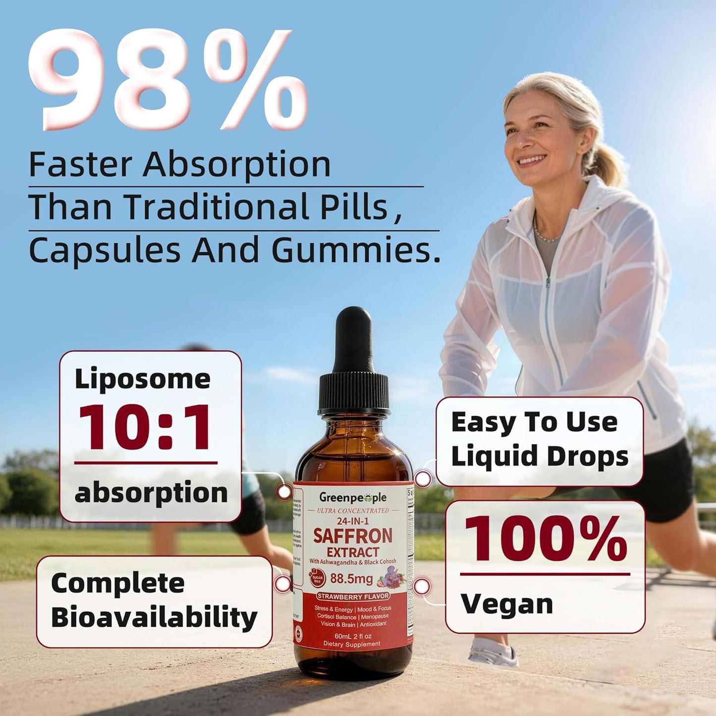 Saffron Extract Supplements Drop - 24-In-1 88.5Mg Saffron Extract with Ashwagandha,Black Cohosh & Lion'S Mane for Mood&Focus,Stress Relief,Cortisol Reducer,Menopause – Vegan 2FL OZ