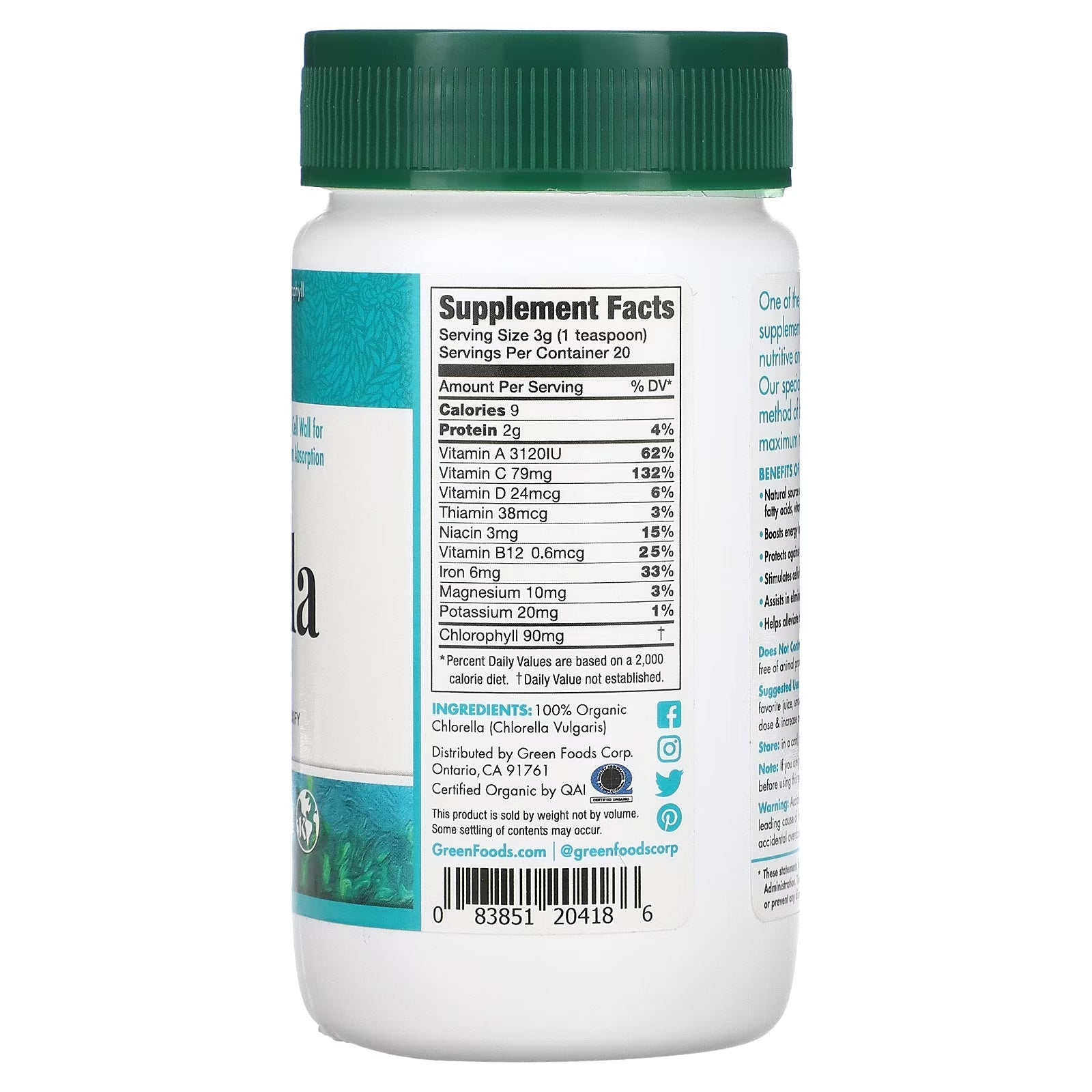 Organic Chlorella Powder 2.1 Oz Powder