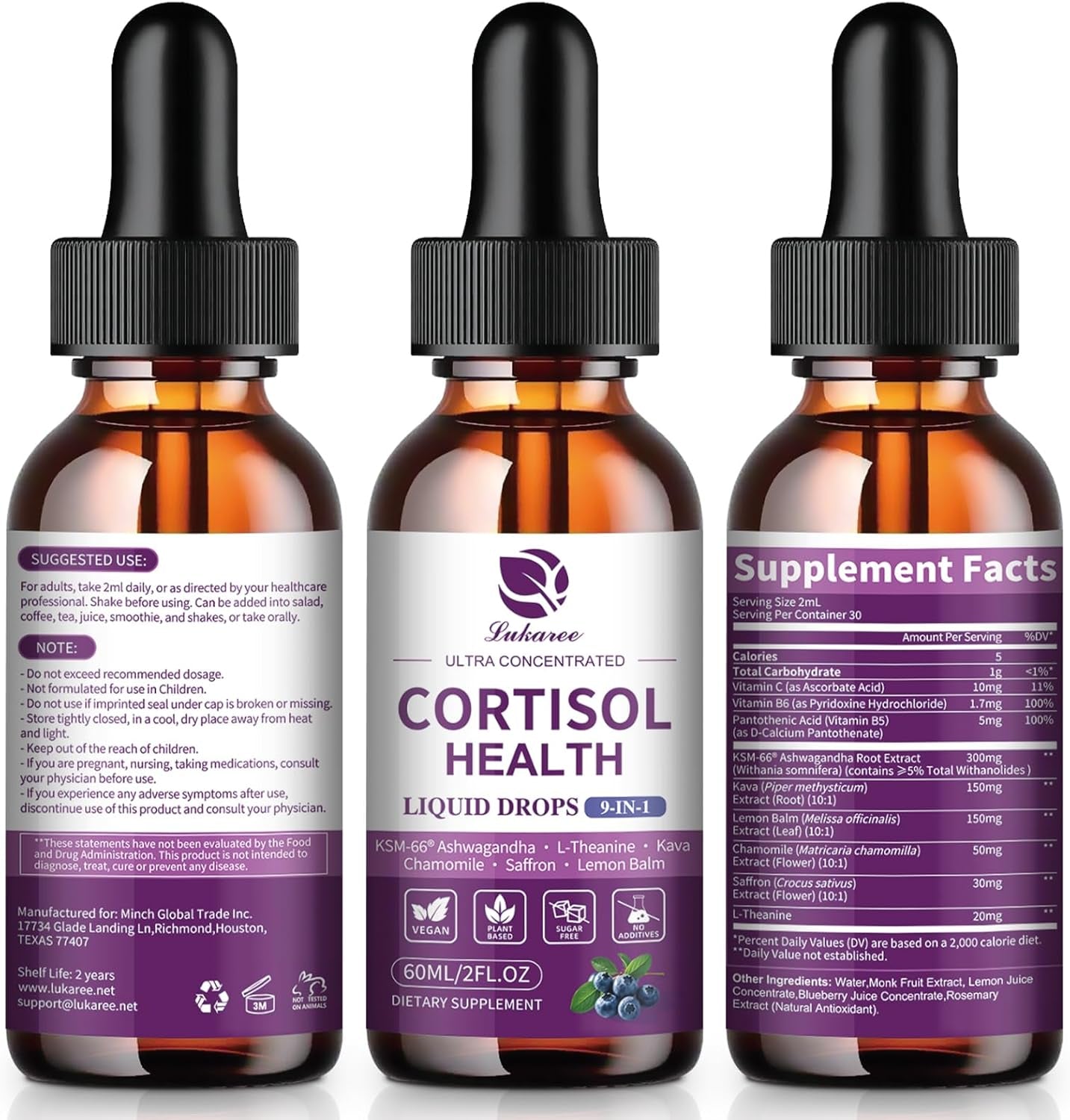 Cortisol Supplements for Women, Cortisol Reducer Manager Detox with KSM-66® Ashwagandha, Kava, Lemon Balm & Vitamin C B5 B6, Lower Cortisol, Hormone Harmony Liquid Drops, 2 FL.OZ, Blueberry Flavor